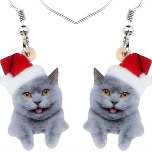 Women's jewelry festive holiday gray cat smiling in Santa hat dangle earrings